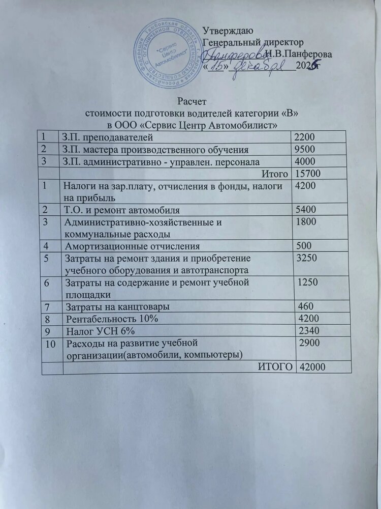 КАЛЬКУЛЯЦИЯ. стоимость подготовки водителей транспортных средств категории "В" в ООО Сервис центр Автомобилист г.Кирсанов декабрь 2025 г